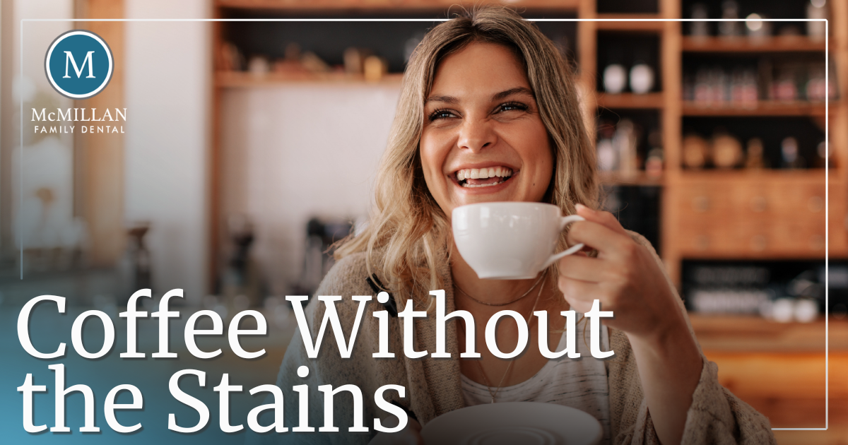 Coffee Without the Stains woman smiling drinking coffee